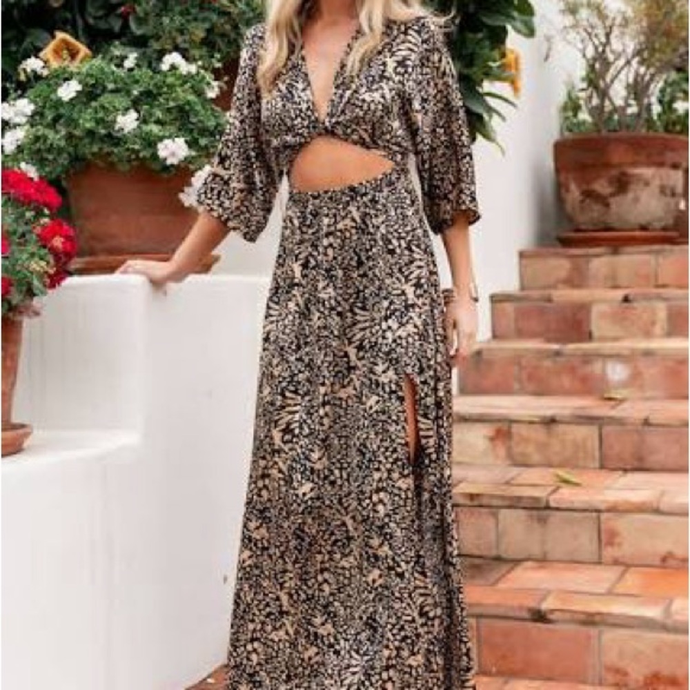 Baltic Born Black and Tan Floral Cut-Out Maxi Dress